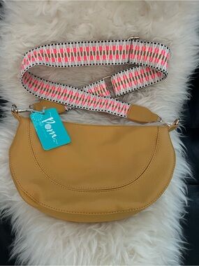 POM Peace of Mind Vegan Saddle Crossbody Bag NWT Mustard Tan